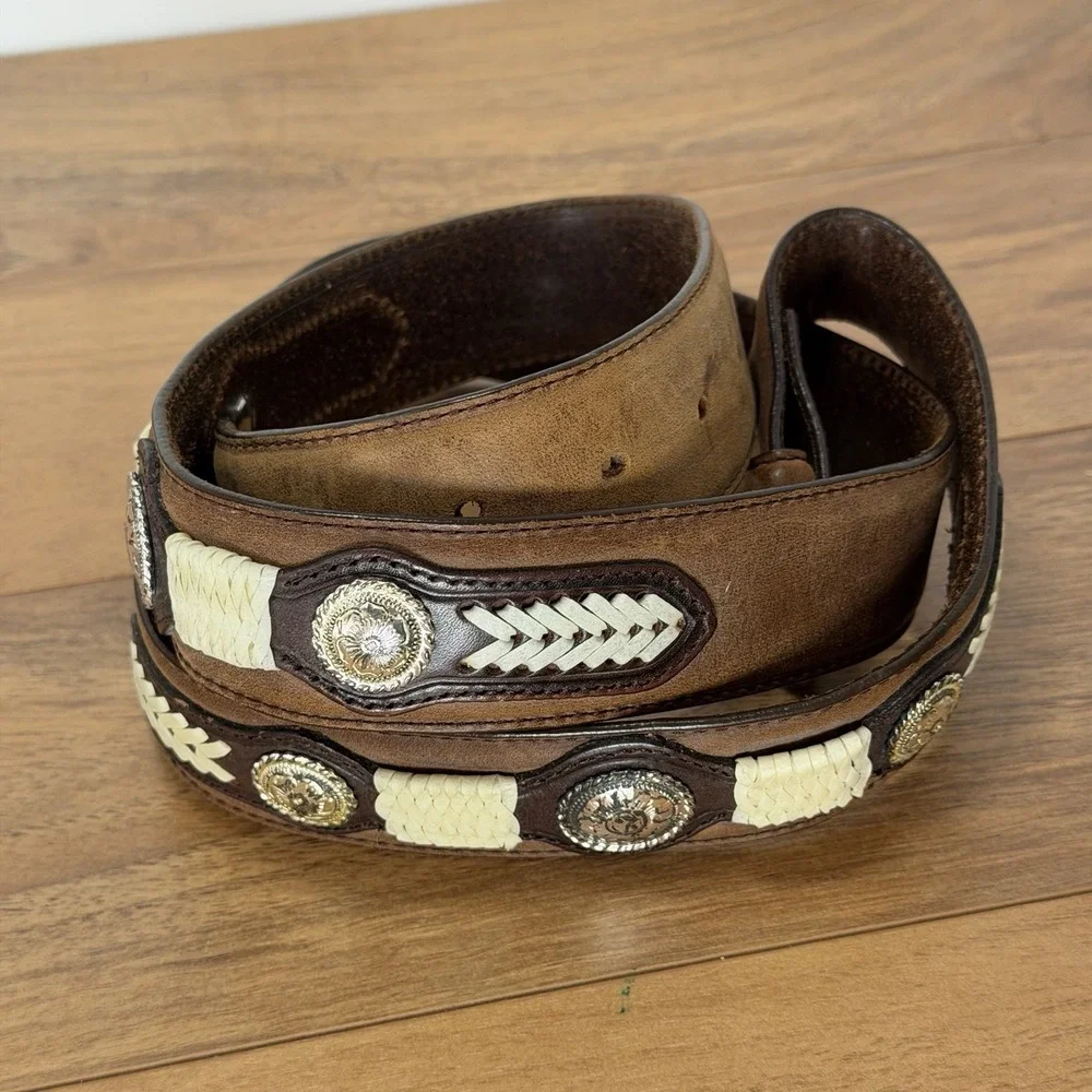 Justin 44 Belt Western Cowboy Concho Rawhide Stitch Two Tone Rodeo *No Buckle*